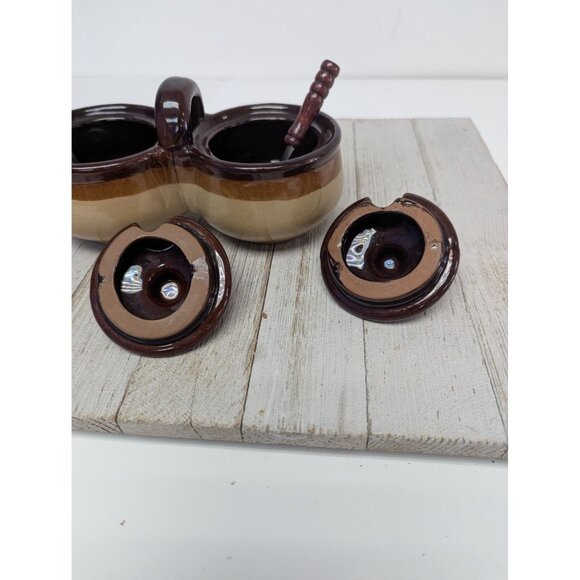 Vintage Dark Brown Glazed Stoneware Double Condiment Pot With Lids Spoons Taiwan - Picture 4 of 12